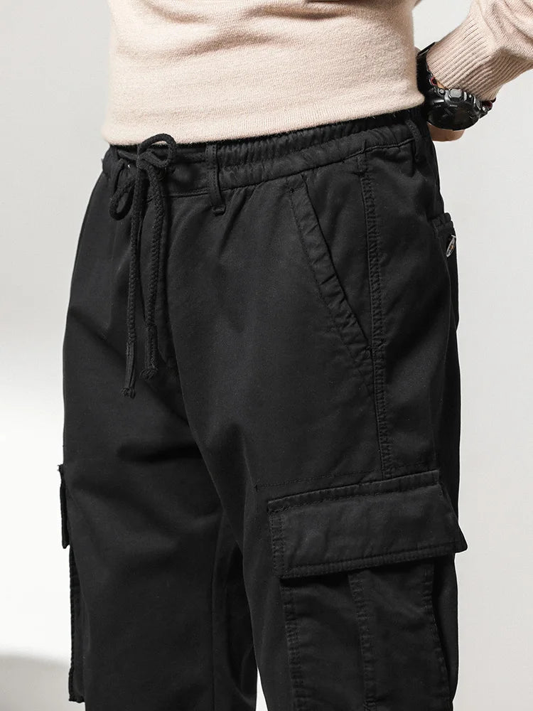 2024 New Winter Cargo Pants Men Multi-Pockets Drawstring Fleece Liner Thick Warm Overalls Joggers Casual Cotton Thermal Trousers