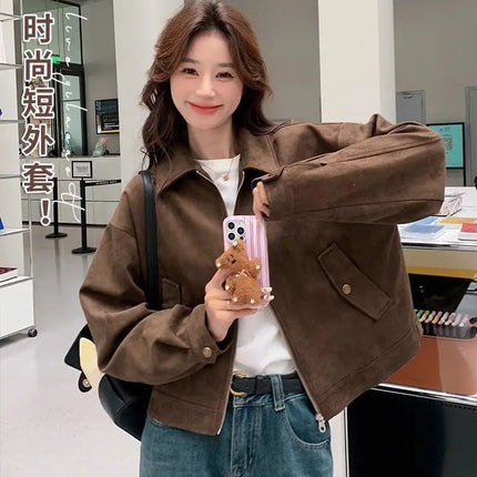 Retro Style Women's Short Suede Jacket Coffee Color Korean Style Autumn Coat Zipper Pocket Polyester Fiber Windproof