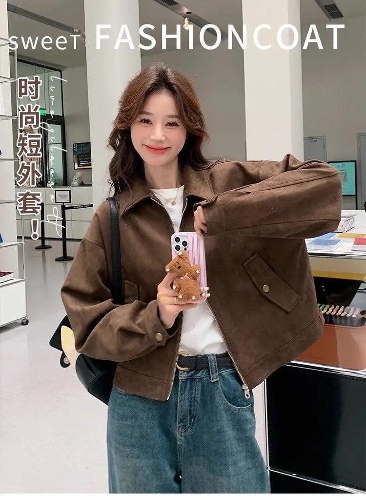 Retro Style Women's Short Suede Jacket Coffee Color Korean Style Autumn Coat Zipper Pocket Polyester Fiber Windproof