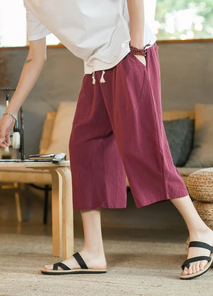 Pantaloni di lino da uomo in stile cinese Pantaloni a gamba larga da uomo con cavallo basso Pantaloni da uomo HipHop Pantaloni al polpaccio Pantaloni da pista Streetwear