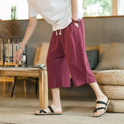 Pantaloni di lino da uomo in stile cinese Pantaloni a gamba larga da uomo con cavallo basso Pantaloni da uomo HipHop Pantaloni al polpaccio Pantaloni da pista Streetwear