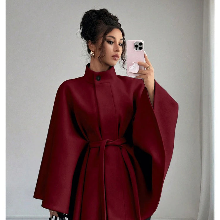 Women's Belted Wool Cape Coat High Neck Stand Collar Batwing Sleeve Loose Fit Winter Warm Poncho Outerwear 2026