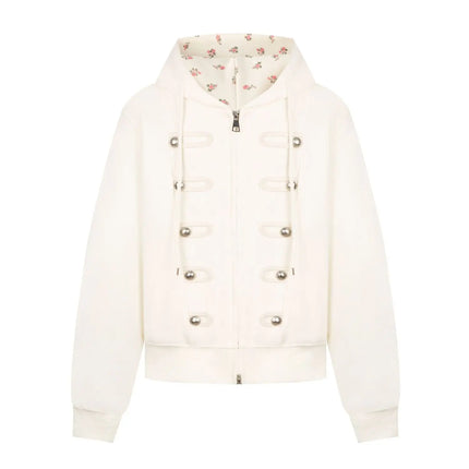 Coquette Zip Up Hoodie Women Decorative Double Row Metal Buttons Floral Print Lined Loose Fit Y2K Casual Streetwear Sweatshirt