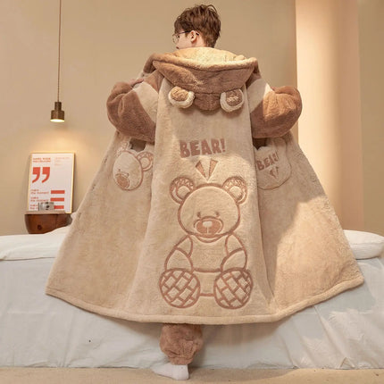 Capybara Cute Fashion Hooded Plush Robe Pajamas Set Warm Flannel Loungewear Soft Home Sleepwear Men Boys Daily Casual Comfort
