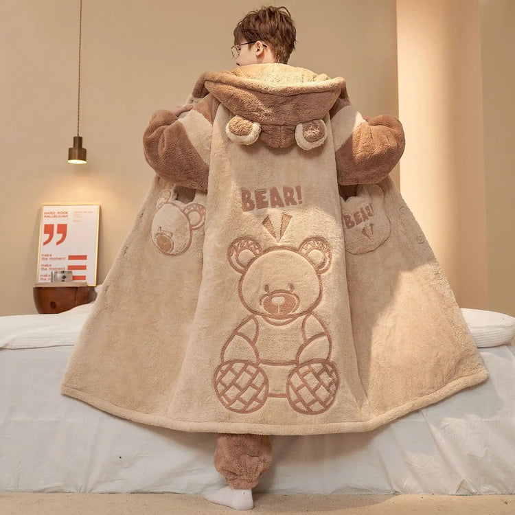 Capybara Cute Fashion Hooded Plush Robe Pajamas Set Warm Flannel Loungewear Soft Home Sleepwear Men Boys Daily Casual Comfort