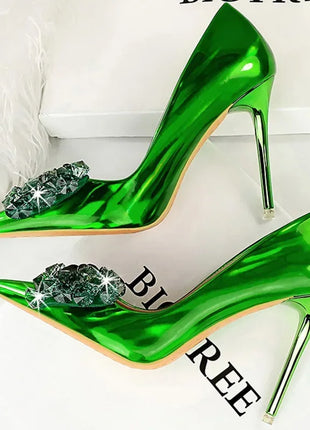 Donne 10.5cm tacchi alti in pelle lucida Drag Queen banchetto Dress Pumps Lady Luxury Crystal Bow Stiletto Blue Green Red Prom Shoes