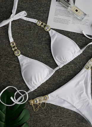 Catene di metallo con scollo all'americana Strass Diamante Bikini Costume da bagno donna Costumi da bagno femminili Due pezzi Bikini set Costume da bagno brasiliano Swim platinumshop