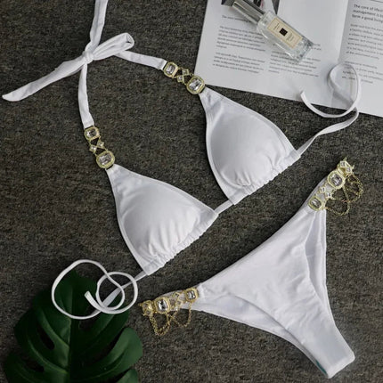 Catene di metallo con scollo all'americana Strass Diamante Bikini Costume da bagno donna Costumi da bagno femminili Due pezzi Bikini set Costume da bagno brasiliano Swim platinumshop