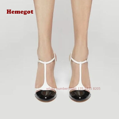 Two Tone T-Straps Women's Sandals Round Toe Cut Out Buckle Slingback High Heels Stiletto Summer Sandals Splicing Elegant Shoes