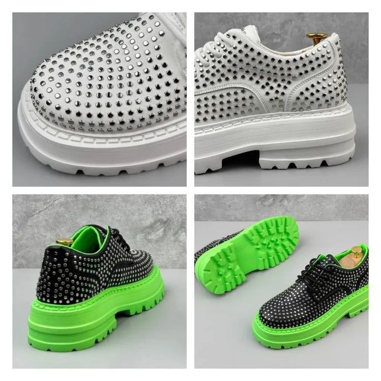 Luxury Designer Rivets Men Leather Casual Shoes Fashion Breathable Height Increasing Male Brogue Derby Shoes Zapatillas Hombre