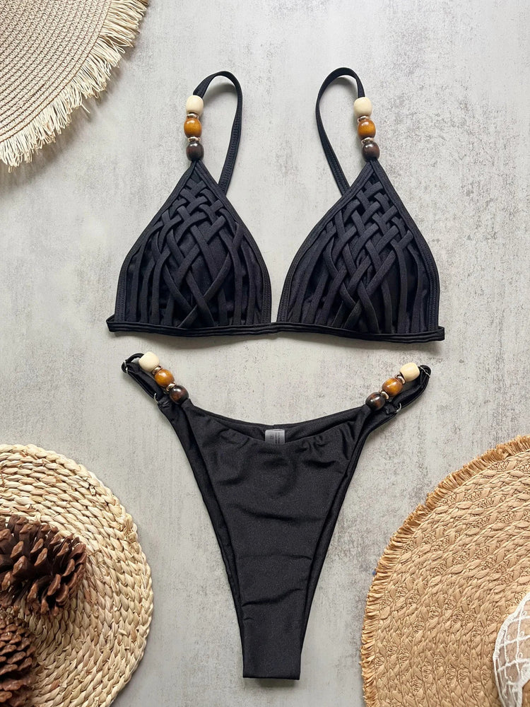 Sexy marrone bikini set 2026 donne perle cinturino foro fuori reggiseno push up perizoma costume da bagno brasiliano spiaggia costume da bagno micro costumi da bagno platinumshop