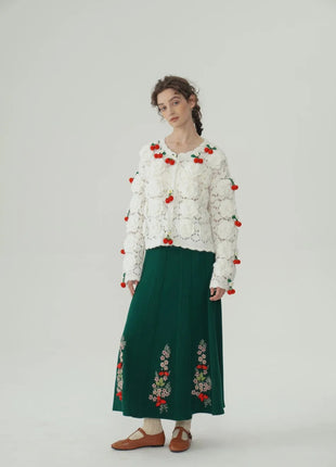 62-96cm Waist Fall Winter Long Skirts Women Elegant Handmade Embriodery Crochet Red Fruit Cashmere Wool Knitted Emerald Skirts PlatiNum
