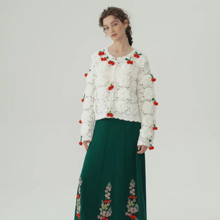 62-96cm Waist Fall Winter Long Skirts Women Elegant Handmade Embriodery Crochet Red Fruit Cashmere Wool Knitted Emerald Skirts PlatiNum