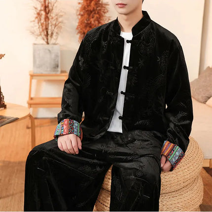 Giacca in velluto da uomo in stile cinese con stampa drago camicie da uomo tradizionale abito Tang Kung Fu Tai Chi camicie casual retrò abbigliamento da uomo
