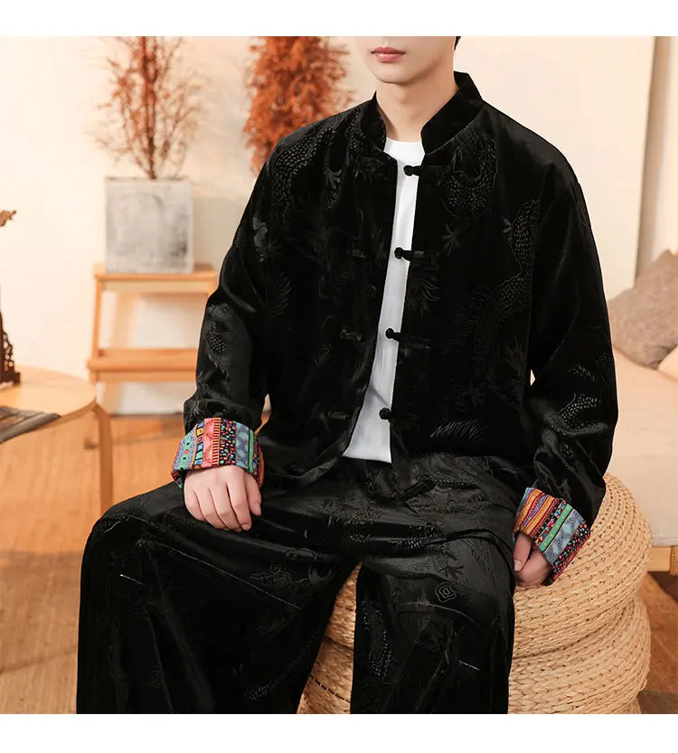 Giacca in velluto da uomo in stile cinese con stampa drago camicie da uomo tradizionale abito Tang Kung Fu Tai Chi camicie casual retrò abbigliamento da uomo