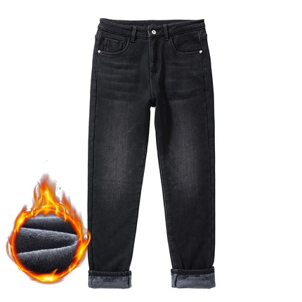 2026 New Winter Classic Brand Business Casual Velvet Plush Trousers Men Fleece Jeans Slim Straight Thicken Stretch Denim Pants