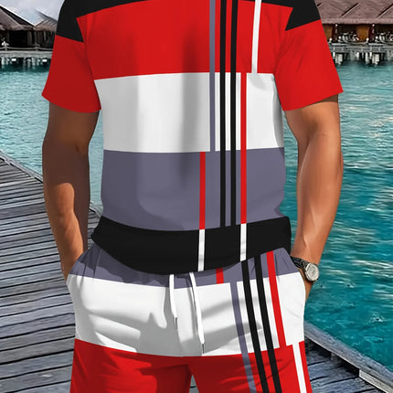 2026 Summer New Arrival Men's Casual Two-piece Set 2026 Striped Print Short Sleeve Shirt and Sports Shorts Men's Fitness Set