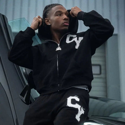 Streetwear Men's Fashion C Y Letter Zipper Set Multiple Colors Available Street Style Relaxed Unique Look Casual Two-Piece Set PlatiNum