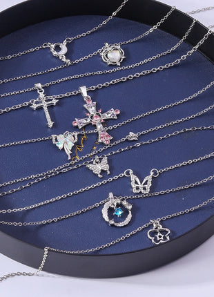 Y2K Crystal Butterfly Heart Necklace Fashion Kpop Shiny Clavicle Chain Necklaces for Women Girls New Trend Party Gifts Jewelry PlatiNum