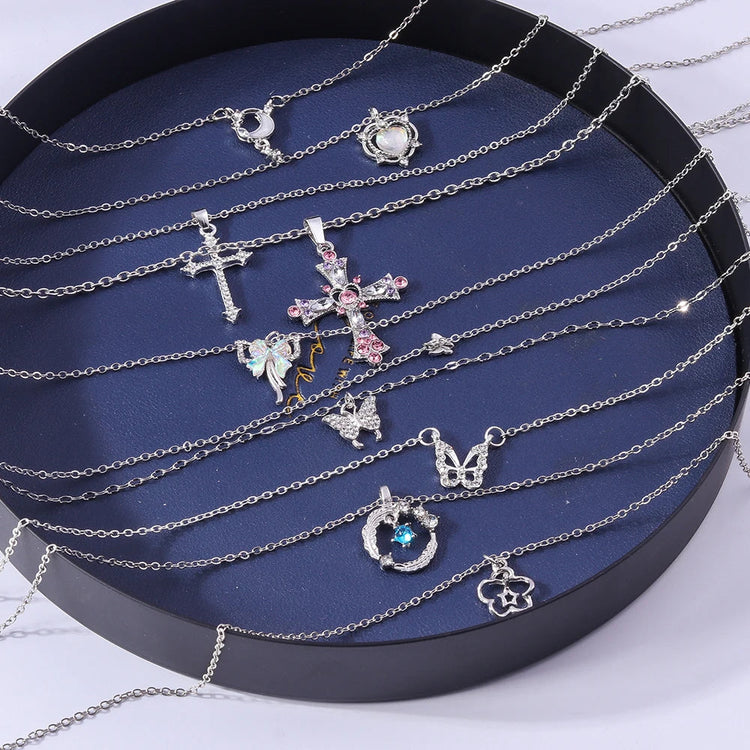 Y2K Crystal Butterfly Heart Necklace Fashion Kpop Shiny Clavicle Chain Necklaces for Women Girls New Trend Party Gifts Jewelry PlatiNum