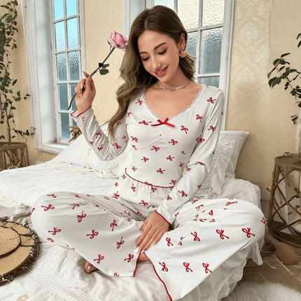 Primavera e autunno nuovi indumenti da notte da donna con fiocco a farfalla a maniche lunghe set stampato elastico da donna casual comodi vestiti per la casa
