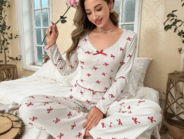 Primavera e autunno nuovi indumenti da notte da donna con fiocco a farfalla a maniche lunghe set stampato elastico da donna casual comodi vestiti per la casa