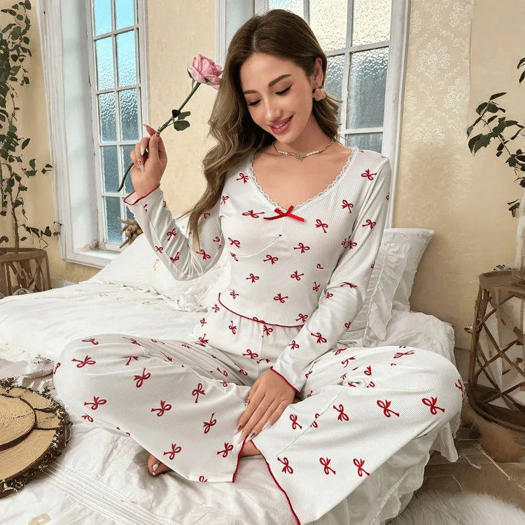 Primavera e autunno nuovi indumenti da notte da donna con fiocco a farfalla a maniche lunghe set stampato elastico da donna casual comodi vestiti per la casa
