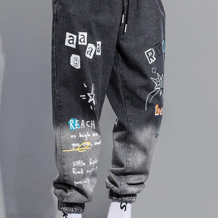 Men's Distressed Denim Pants Cuffed, Artistic Gradient Harem Jeans, Oversized Hip Hop Trousers for Spring Fall Versatile Outfits PlatiNum