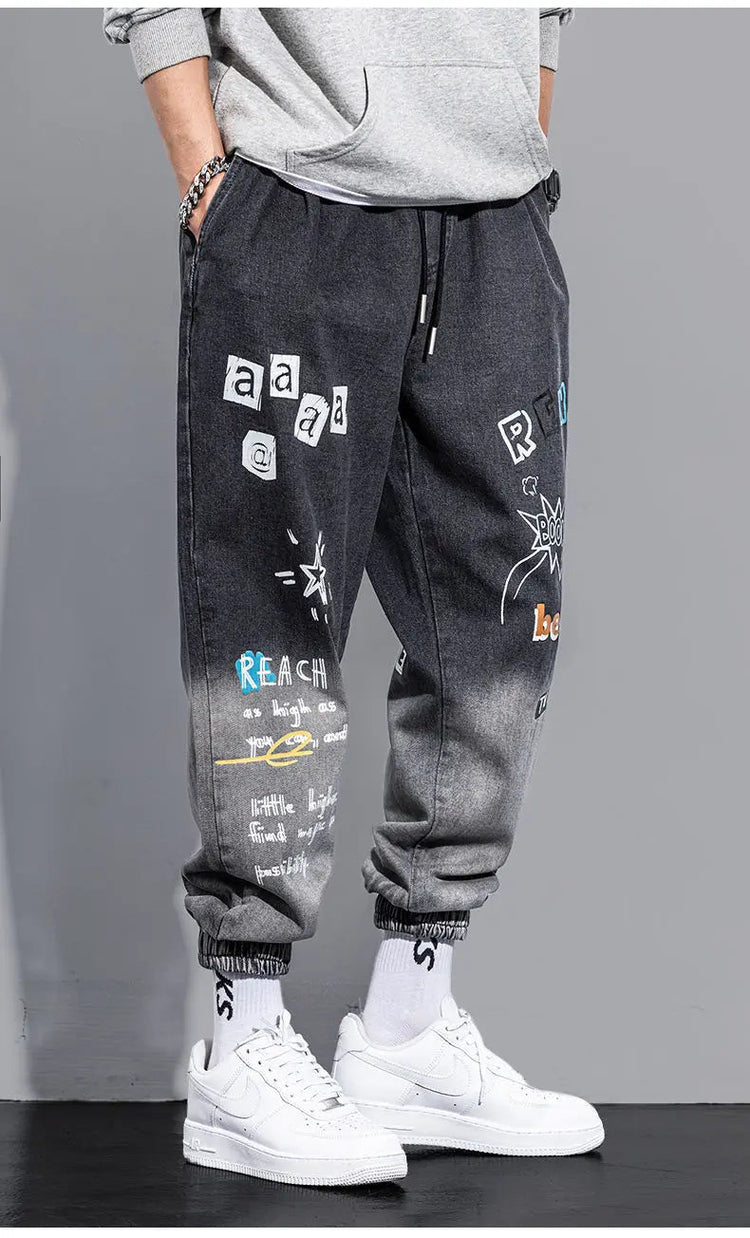 Men's Distressed Denim Pants Cuffed, Artistic Gradient Harem Jeans, Oversized Hip Hop Trousers for Spring Fall Versatile Outfits PlatiNum