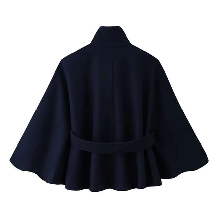 Women's Elegant Midi Cape Coat with Stand Collar Three Quarter Flared Sleeves Solid Color Belted Loose Fit Poncho For Woman