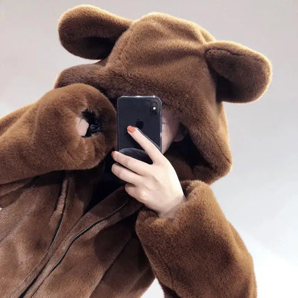 Cosy Loose Faux Fur Coat Womens Faux Fur Fuzzy Hooded Fluffy Ears Surcoat Overcoat Woman Winter Warm Outerwear Snowy Day Wrap