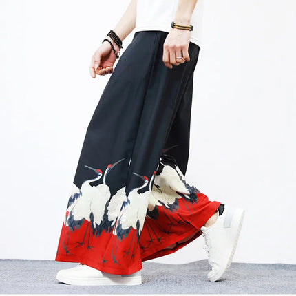 Nuovi Pantaloni da Uomo con Stampa Tradizionale a Gru, Stile Cinese Vintage, Pantaloni Harem Estivi, Pantaloni Larghi Hanfu Oversize da Uomo