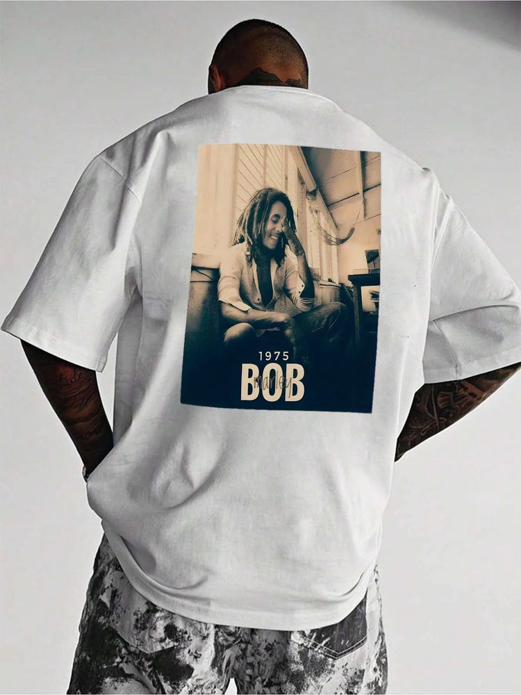 T-shirt da uomo per tutte le stagioni con motivo stampato sul retro, design Bob cantante rock hip-hop, alta qualità