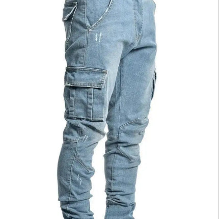 Street Elastic Jeans Men Denim Cargo Pants Wash Solid Color Multi Pockets Casual Mid Waist Trousers Slim Fit Daily Wear Joggers PlatiNum