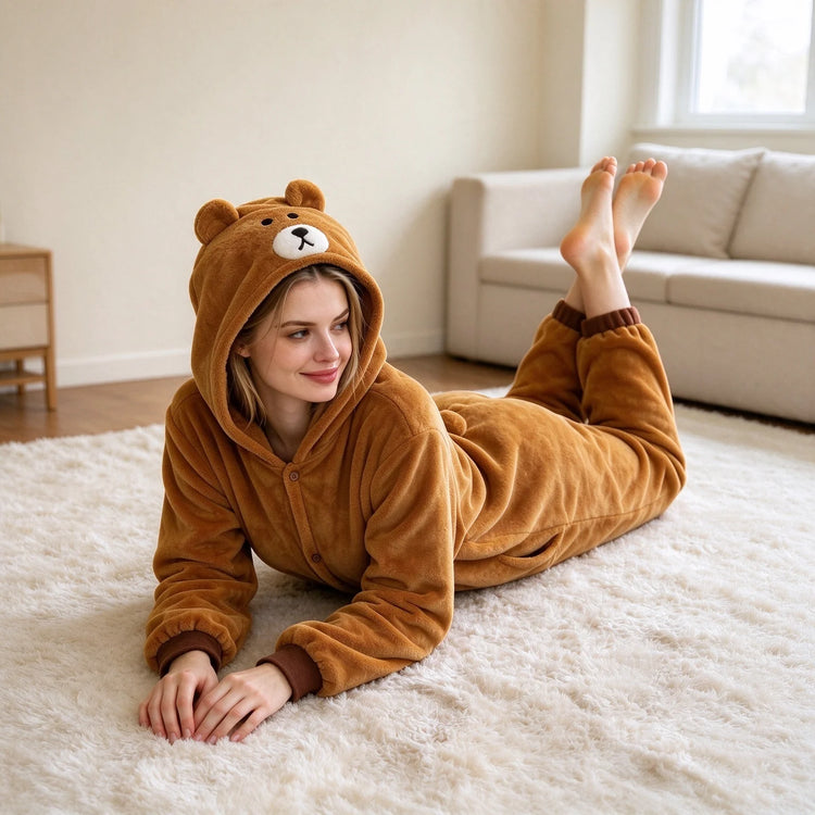 Onesie Brown Bear Cartoon jumpsuit pajamas flannel animal shaped home wear party cosplay cosplay costume Brown Bear