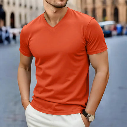 2025 New Men's Casual Fashion Simple V-neck Short Sleeved T-shirt Summer Comfortable Breathable Versatile Top PlatiNum