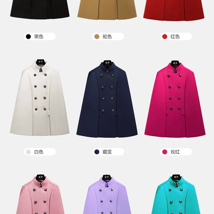 French Elegant Retro Hepburn Style Stand Collar Double-breasted Loose Temperament Commuter Woolen Jacket Cape Cloak Women Autumn
