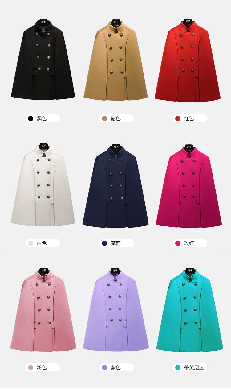 French Elegant Retro Hepburn Style Stand Collar Double-breasted Loose Temperament Commuter Woolen Jacket Cape Cloak Women Autumn