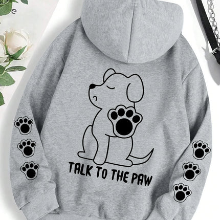 Talk To The Paw Funny Dog Cartoon Print Hoodie Women Warm Fleece Hoody Fashion Casual Hooded Autumn Loose Round Neck Woman Tops