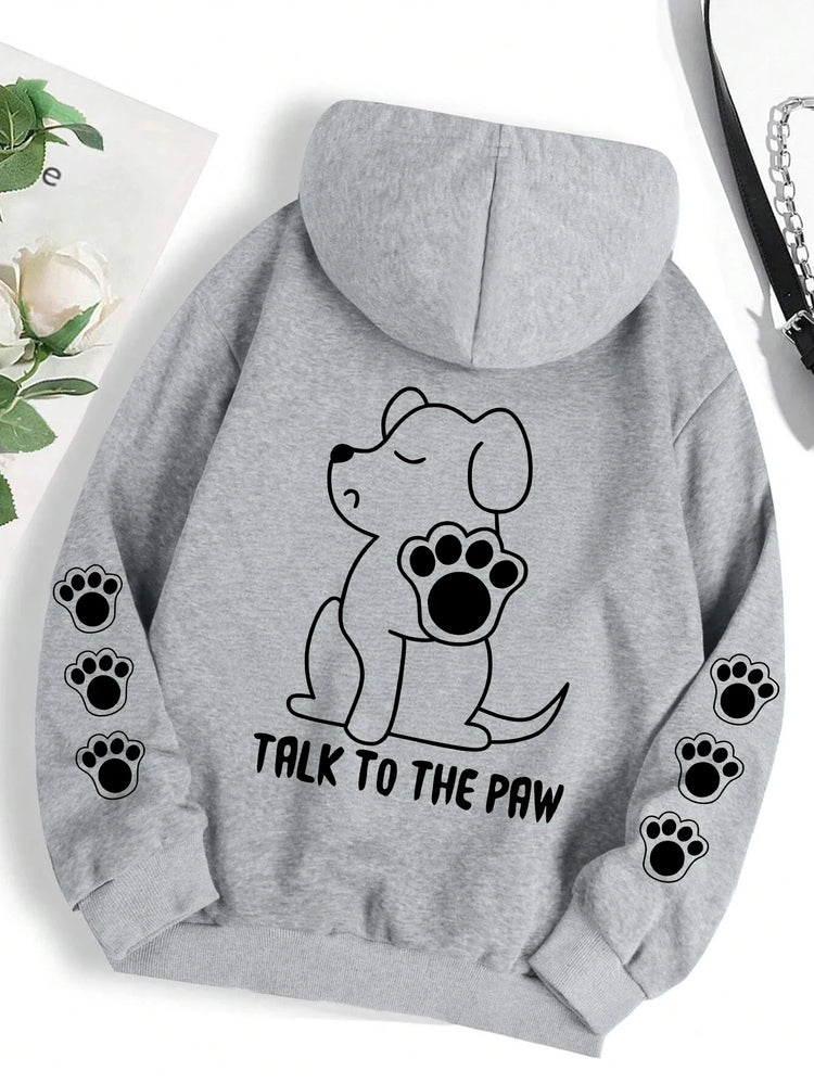 Talk To The Paw Funny Dog Cartoon Print Hoodie Women Warm Fleece Hoody Fashion Casual Hooded Autumn Loose Round Neck Woman Tops