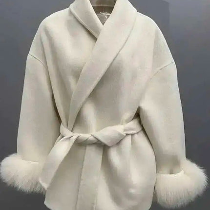 UCXQ Elegant Woolen Coat Temperament Office Lady Overcoats Fur Patchwork Long Sleeve Beautiful Women's Coats 2025 Winter New