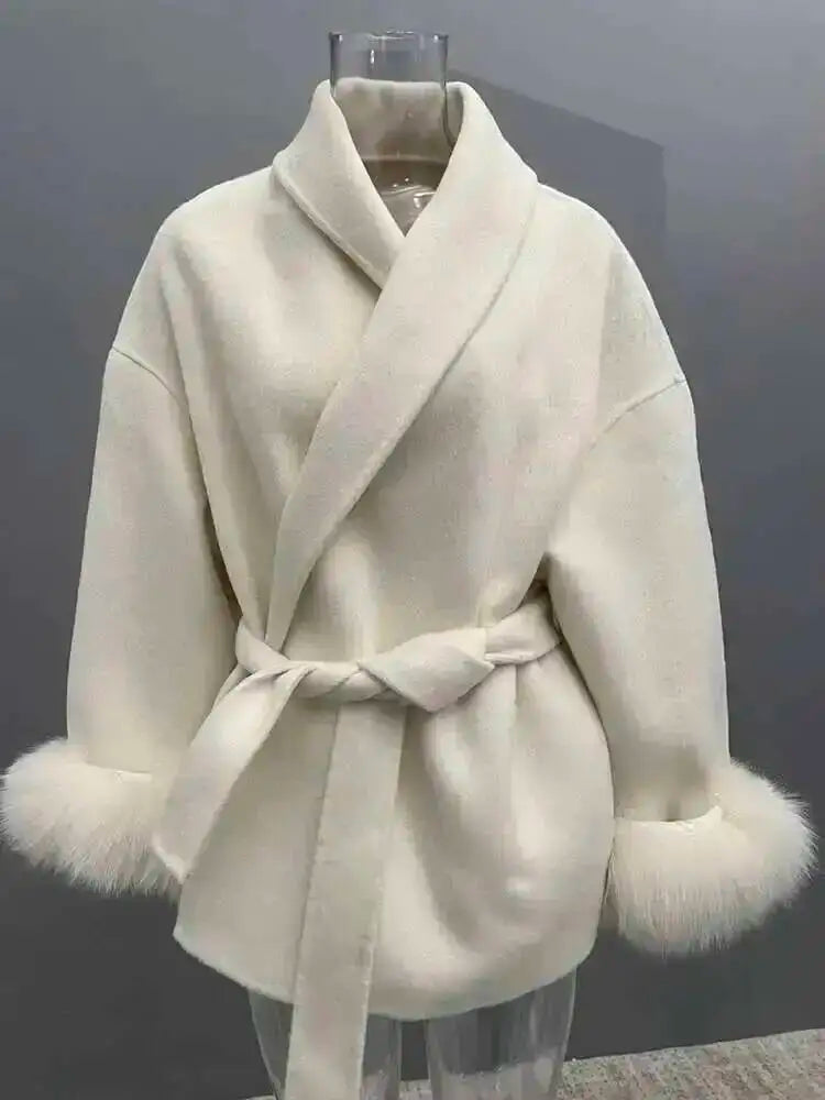 UCXQ Elegant Woolen Coat Temperament Office Lady Overcoats Fur Patchwork Long Sleeve Beautiful Women's Coats 2025 Winter New