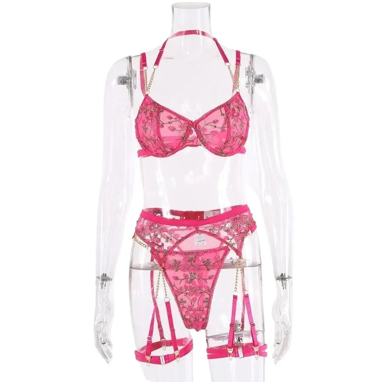Sexy Embroidery Lingerie Suit Women Lace Embroidery Gathering Temptation Bra Lingerie Set Sexy Garters Underwear Suit