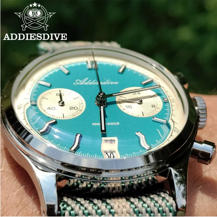 ADDIESDIVE AD2095 Man‘s Chronograph Watch BGW9 Super Luminous 10Bar Waterproof Bubble Mirror Glass VK64 Quartz Steel Wristwatch