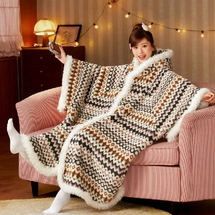 New Cute Blanket Hooded Cloak Coral Velvet Pajamas Women's Autumn Winter Thickened Robe Blanket Multifunctional Thermal Products