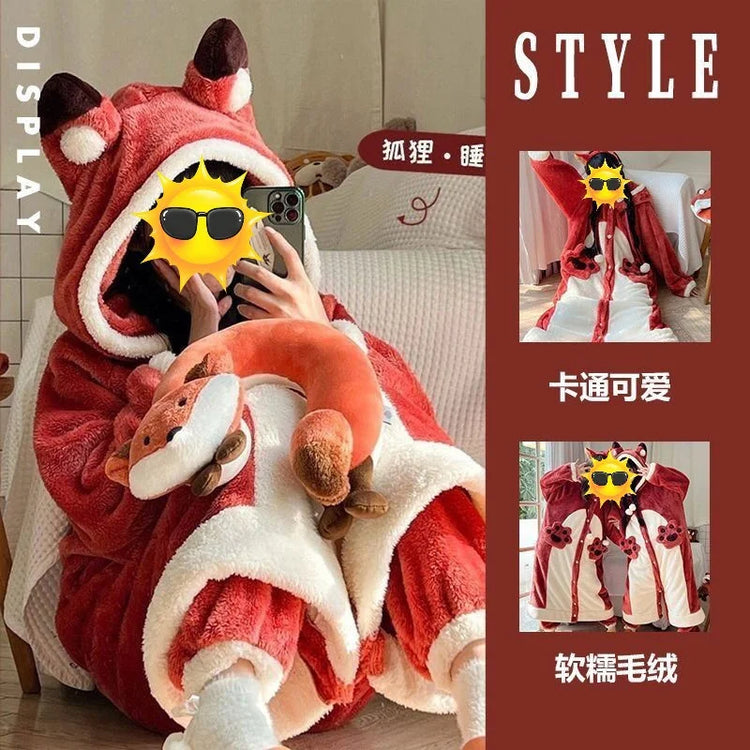 Cartoon Animal Fox Pajamas Women's Winter Coral Fleece Thickened One-Piece Plush Cute Long Hooded Plus Size Robe Home Wear