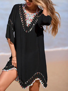 Copricostume da spiaggia allacciato senza schienale alla moda, abito trasparente con scollo a V colorato con gancio a mano in pizzo per donna