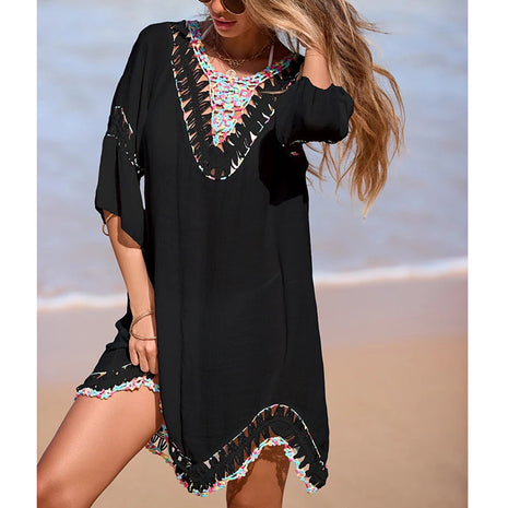 Copricostume da spiaggia allacciato senza schienale alla moda, abito trasparente con scollo a V colorato con gancio a mano in pizzo per donna platinumshop