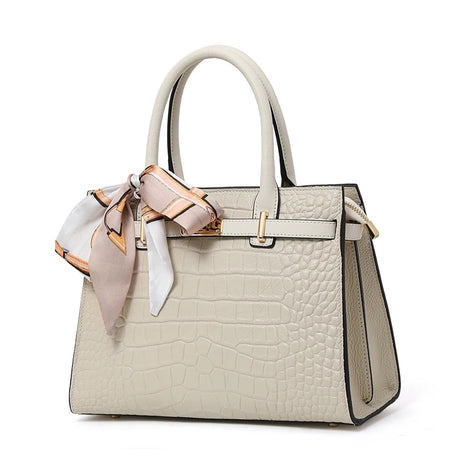 Borsa a Mano in Ecopelle Lucida Effetto Coccodrillo con Fiocco in Seta Stampata e Chiusura a Girello in Metallo, Borsa a Tracolla da Donna con Manico Superiore