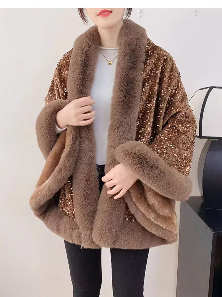 ZADORIN Fashion Sequins Long Furry Warm Faux Fur Coat Woman Autumn Winter Fur Cape Ponch Wedding Party Fur Shawl Cloak Cardigans